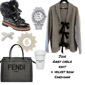 Joie Gray Cable Knit & Velvet Bow 2 Way Cardigan